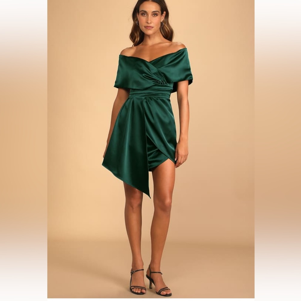 dark green satin off shoulder mini dress